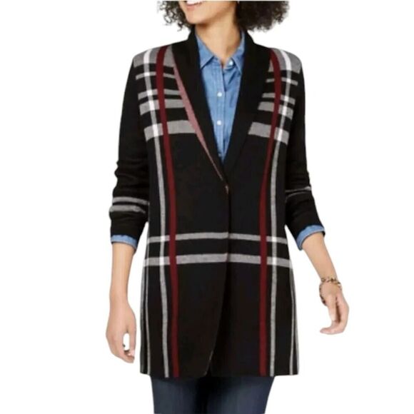 Charter Club Long Line Snap Front Nova Crack Plaid Jacket Cardigan Size Large - Picture 1 of 9